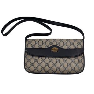 Vintage Gucci GG Monogram Shoulder Bag Navy Leather Trim | Unused 1970s